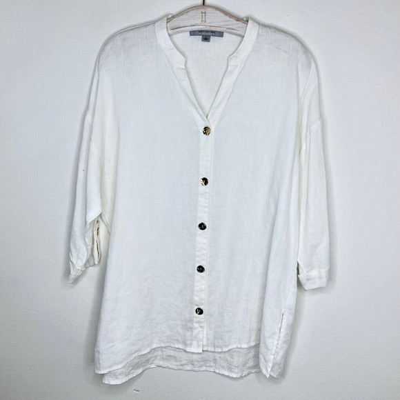 Marc New York Womens Large White Linen Tunic Gold Button Front Up Top - Picture 1 of 5